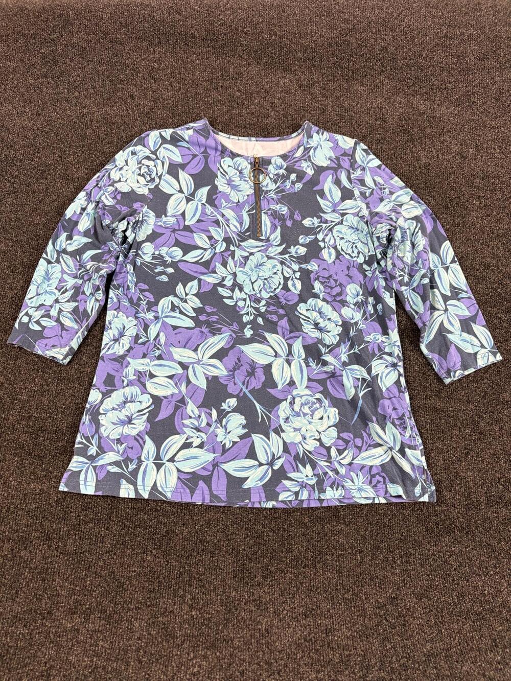 Belle By Kim Gravel Shirt Womens S Multicolor Floral Zip 3/4 Sleeve Tunic Top